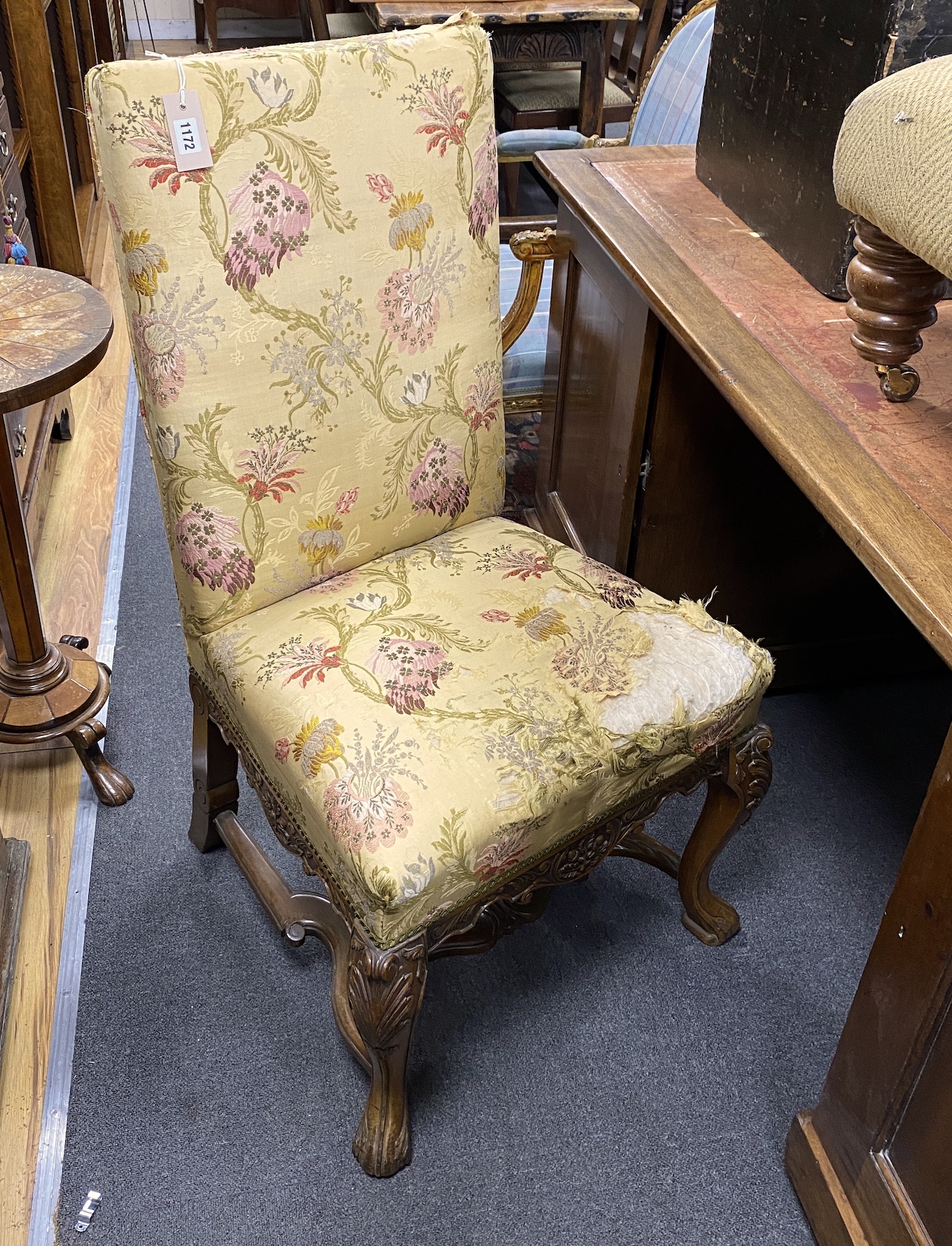 An 18th century style carved mahogany side chair, width 57cm, height 108cm